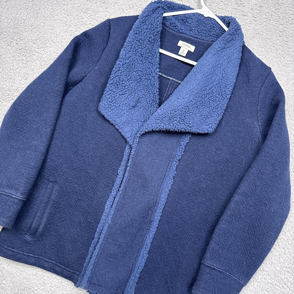 L.L. Bean‎ Jacket Womens Medium Blue Sherpa Trim Open Front Fleece Shawl